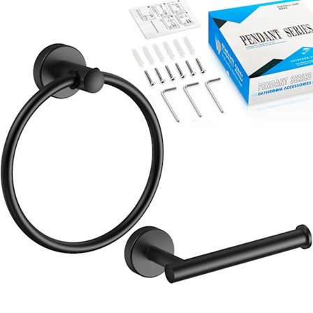 Toalettpappershållare och handduksring i kombination, SUS304 rostfritt stål, rost- och korrosionsskydd, lämplig för badrum, kök, matt svart