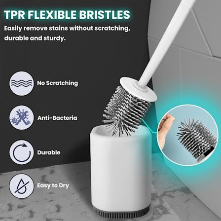 (vit) Toalettborste, badkar och långt handtag, plasttoalett, toalett