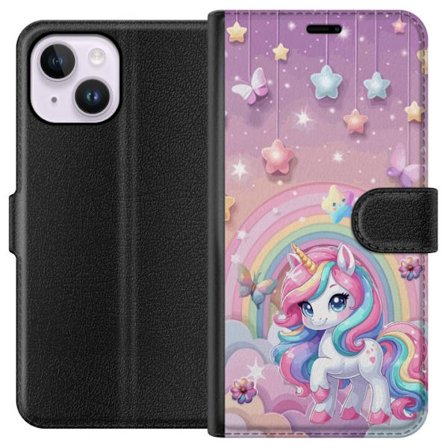 Kompatibel Tegnebogsetui til Apple iPhone 15 Plus Magisk enhjørning med regnbue manke, stjerner og sommerfugle mod en pastelfarvet himmel med skyer