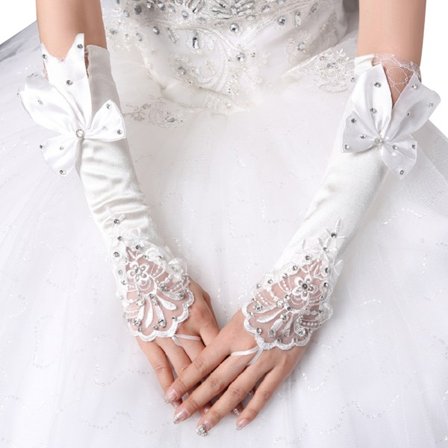 Kvinnor Bridal långa handskar Fingerless Floral Lace Patchwork Vantar Glitter Rhines
