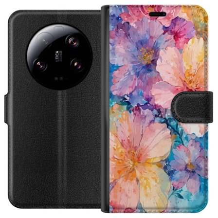 Yhteensopiva Lompakkokotelo Xiaomi Xiaomi 13 Ultra Vesivärimaalaus suurilla kukilla vaaleanpunaisissa, sinisissä ja keltaisissa sävyissä pehmeäss