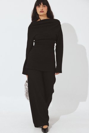 NA-KD Strukturerade byxor med vida ben - Byxor med hög midja - Svart - L