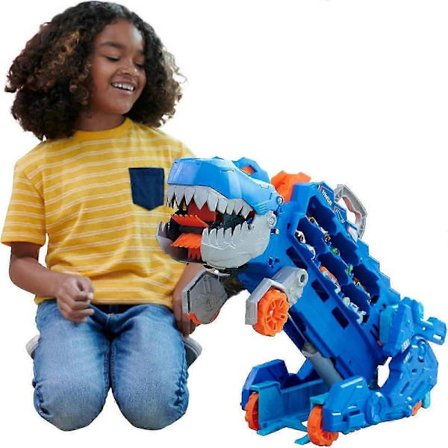 Hot Wheels City Lelusauto Rata, Ultimate T-Rex Kuljetusauto, Kuljetusauto Muuttuu Jalkojaan Tamppaavaksi Dinoksi Kilparadalla, Netflix-sarjasta Let