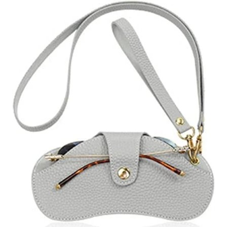 Halvhårdt etui til briller til at hænge om halsen, fastgjort låg, brilleetui i læder, solbrilleetui, læsebrilleholder, grå