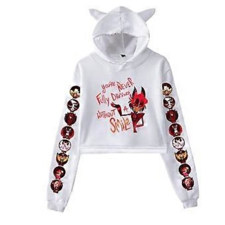 Korte Hættetrøjer Kvinder Hazbin Hotel Dame Sweatshirt Træningsdragt Lange Ærmer Kvinders Cropped Top Mode Koreansk Tøj Harajuku(XXS hvid)