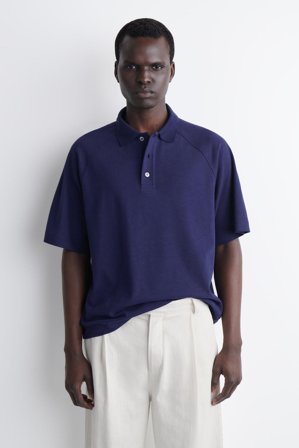 COS Men's Relaxed Cotton-Linen Polo Shirt in Navy