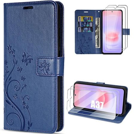 Cover til Samsung Galaxy A37 5G, Stødabsorberende PU Læder Mørkeblå Blomsterdesign - 2 Glas