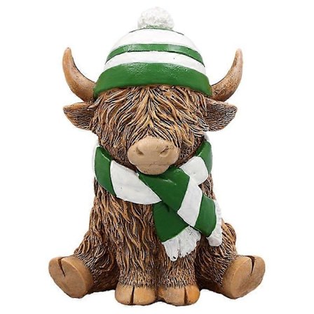 Figurinjulepynt Highland Cow med skjerf og lue, sesongpynt i harpiks