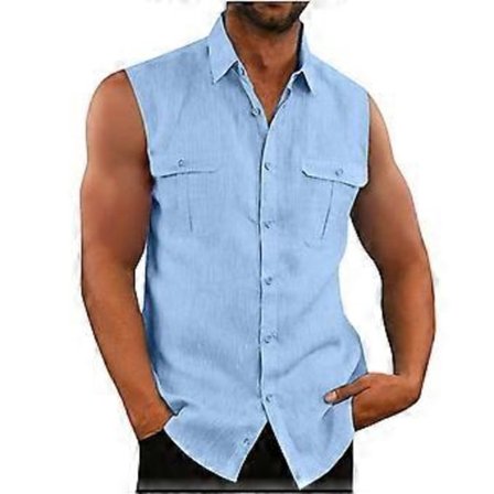 Herre Skjorte Dobbel Lomme Bomull Lin Ermeløs Skjorte Komfortabel og Pustende Herre Tank Top (XXXL blå)