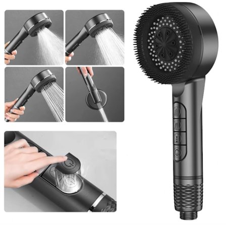 Suihkupää, 4 säädettävää tilaa, korkeapainesuihkupää, kalkinestosuihkupää suodattimella, SPA-vedensäästösuihkupää (musta)
