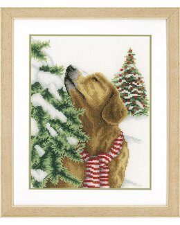 Kirjontapakkaus taulu Koira joulukuusien keskellä-Vervaco