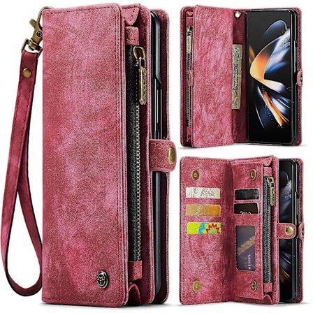 Korthållare med blixtlås för Samsung Galaxy Z Fold 4, PU-läderfodral med korthållare & handledsrem