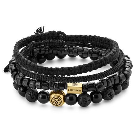 Lava Rock, Onyx, Coconut, and Gold-Plated Sterling Silver Bracelet Set for Men - Beaded bracelets