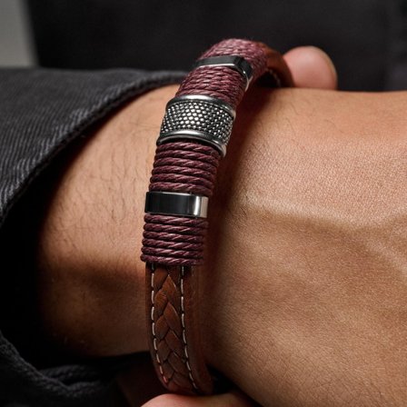 Icon | Bracelet en cuir brun et en acier inoxydable pour hommes - Bracelets en cuir