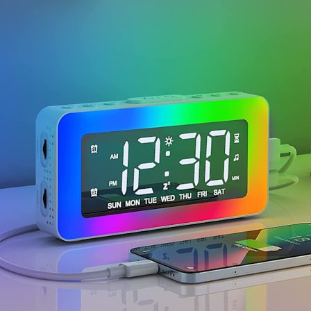 Digitaalinen herätyskello 2 herätyskellolla, LED-digitaalinen peilikello 8 valotilassa, torkku, unen apu, ajastin, elektroninen herätyskello 