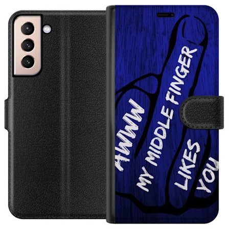 Kompatibelt Lommeboketui til Samsung Galaxy S21 Mørk typografisk illustrasjon med hjerteform og budskap om vennskap mot dyp blå tretekstur