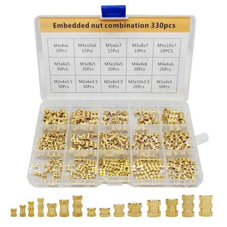 330 Stykker M2/ M3/ M4/ M5 Messingmøtrikindlæg 15 Størrelser Riflet