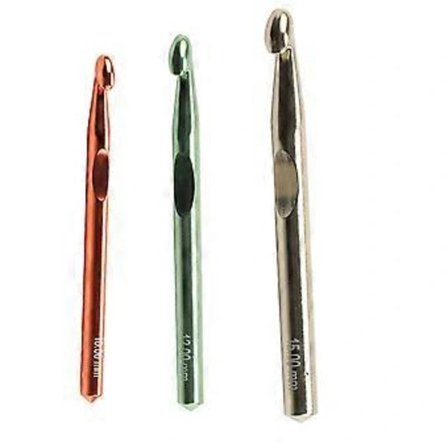 /EA/Sæt med 3 aluminiums hæklenåle 15 mm, 12 mm og 10 mm til tykt garn, ergonomisk håndtag til gigtramte hænder