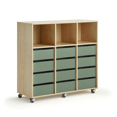 Elevförvaring CASPER, 12 lådor, 3 toppfack, hjul, björk, mörkgrön