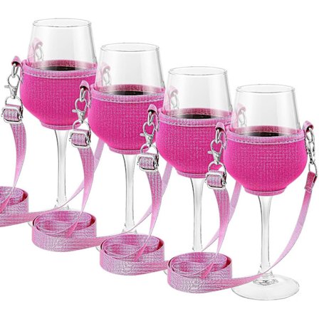 4 st Vin Glashållare för Halsen - Roseröd med Halsband för Jul