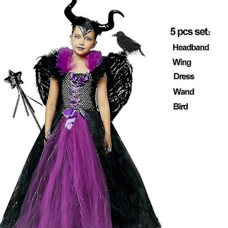 * Halloween Costume Maleficent Tutu Klänning För tjejer Cosplay Evil Queen Black Mesh Princess Dress Kids Crow Wand Maleficent