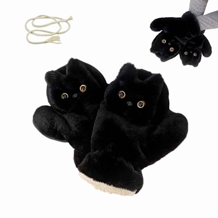 Furry vanter til damer med fleecefor, termiske bløde vinterhandsker til koldt vejr, Kawaii katteplysdesign, sort