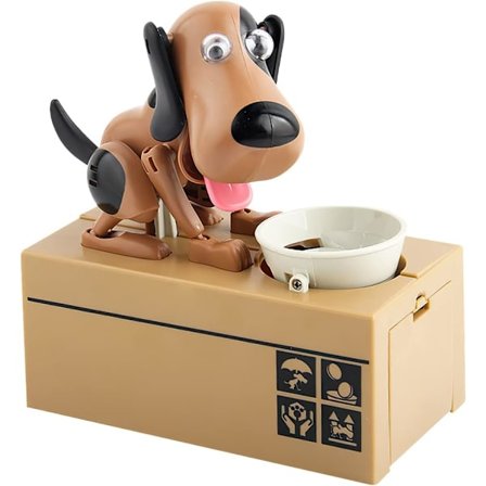 Sulten hund sparegris, børnesparegris, hund der spiser penge, sød hund, mønter som magiske mønter, børns fødselsdagsgave, brun