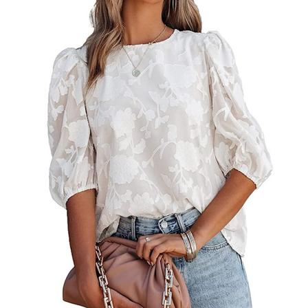 Blouse med ballongermer i chiffon, løstsittende, blomstermønster (hvit) M