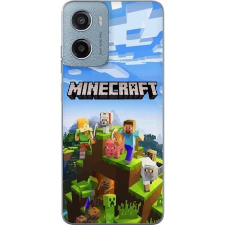 Kompatibel Mobilcover til Motorola Motorola Moto E15 Minecraft eventyrklippe med Steve, Alex, dyr og mobs i klassisk blokstil, hvor hele verden samler