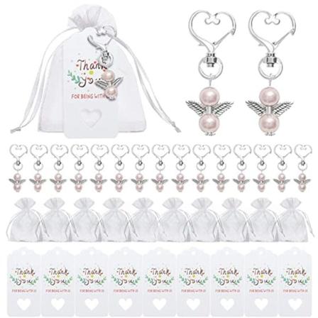 40 sarjaa enkelihelmiä sydämenmuotoisilla avaimenperillä, sisältää enkelihelmiä avaimenperiä, organza-lahjapusseja A