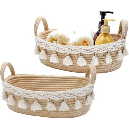 Liten dekorativ förvaringskorg i macramé av bomullsrep, vävd korg för organisering