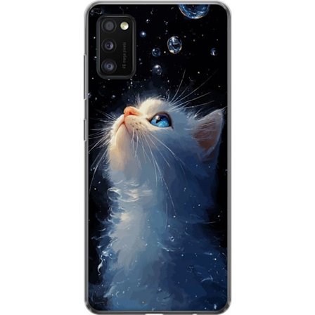 Kompatibelt Mobildeksel til Samsung Galaxy A41 Stjernekatte Drøm motiv med hvit katt som ser mot stjernehimmelen, magiskt drømmeaktig og nattlig tema