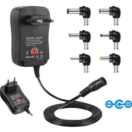 Universaali virtalähde 3 / 4,5 / 5 / 6 / 7,5 / 9 ja 12 V AC / DC 2000 mA, 6 liitintä | Matkasovitin 5V 2.1A USB-portilla