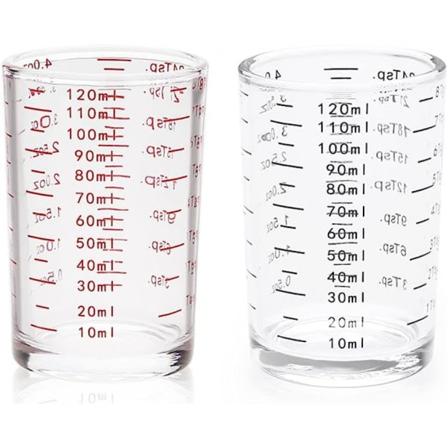 Måleglas, sandblæst glas, 4 oz/120 ml, flydende, tungt espressoglas med 2 sorte bjerge og 2 røde bjerge (4 stk)