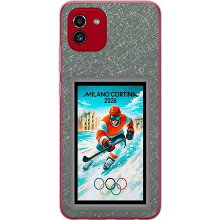 Yhteensopiva Puhelinkuori Samsung Galaxy A03 Curlingkuvitus pelaajilla ja kivillä jäällä, Milano Cortina 2026, lumisia roiskeita ja olympiasormukset