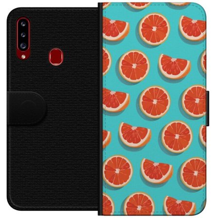 Kompatibelt Lommeboketui til Samsung Galaxy A20s Illustrert mønster med gjentatte grapefrukt skiver mot en turkis bakgrunn