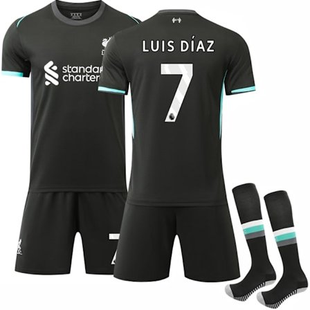 Liverpool FC Udebanesæt 2024-2025 Børnestørrelse med strømper Nr. 7 Luis Diaz - Perfekt