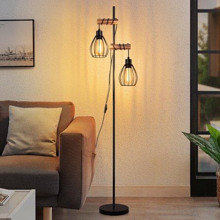 NETTLIFE golvlampa vardagsrum svart golvlampa: industriell metall trä golvlampa e27 2-lampa golvlampa med lampskärm i bur 152cm (utan glödlampa)