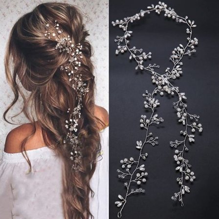 Bryllupstilbehør til kvinder, bryllupshårbånd til brude, perlebånd til brudepiger og blomsterpiger (50 cm sølv)