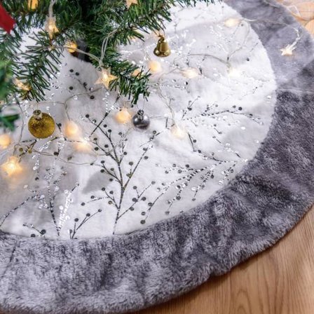 36" Juletre Skjørt, Stort Plysj Lappeteppe Sølv Faux Fur Juletre Skjørt 90cm Tre Matte Base Deksel for Juleferie Dekorasjoner
