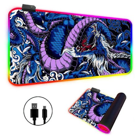 Musmatta - Rgb Led Ljus Upp Skrivbordsmatta, Stor Drakmönstrad Tangentbordsmatta (Blå-Lila, 300*600*4Mm)