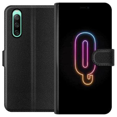 Kompatibelt Plånboksfodral till Sony Sony Xperia 10 IV Minimalistisk neonbokstav Q i lysande färger mot mörk bakgrund