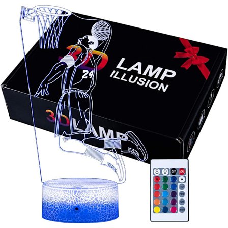 Kobe Bryant 3D Illusionslampe med 16 Farveskiftende Berøringskontakt og Fjernbetjening Kobe Bryant Basketball Natlampe