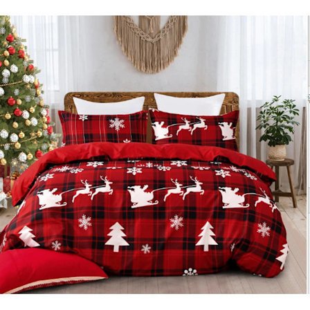 3-delat Påslakanset för Jul - Rutiga Träd Älg Snöflingor Sängkläder 200x220cm