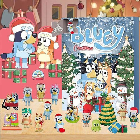 Julkalender Bluey 2023, 24 dagers nedtellingskalender, tegnede Bluey-figurer dukkegaver