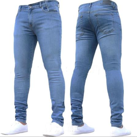 Enfärgade Jeans För Män Med Fickor Denim Skinny Byxor Blue L