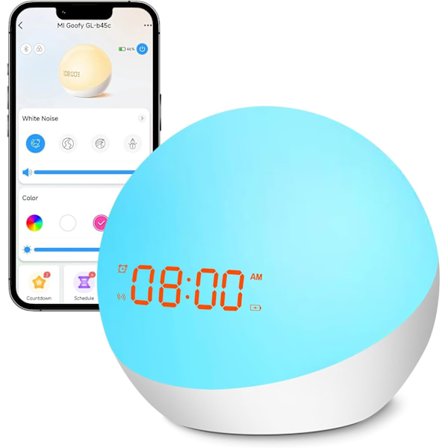 Herätyskello lapsille, All-in-One univalmentaja, taaperon herätyskello, kannettava vauvan äänikone, ladattava yövalo lapsille, varten