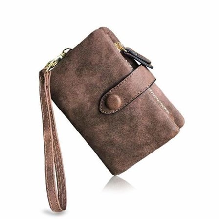 Lille Dobbeltsidet Læderpung til Kvinder RFID Armbånd Dame med Kortlommer ID-Vindue Lynlås Møntlomme Brun