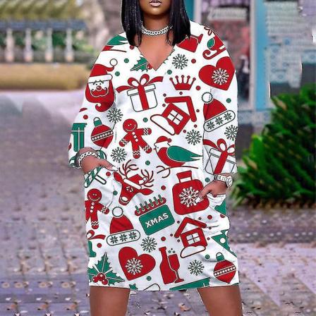 Santa Claus Print Dress Damemote Kortermet Julekjole LQ41K220711D M