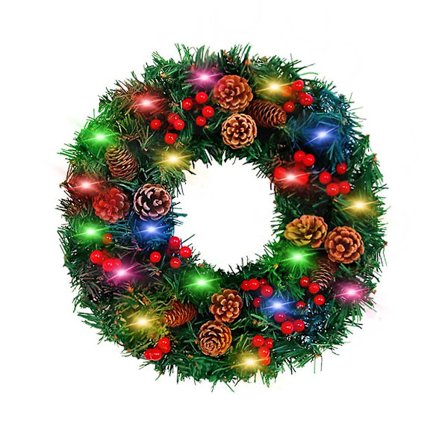 Kunstig Julekrans med Furukongler Røde Bær LED Lys Girlander for Inngangsdør Vegg Bondegård Innredning Utendørs Innendørs Festtilbehør